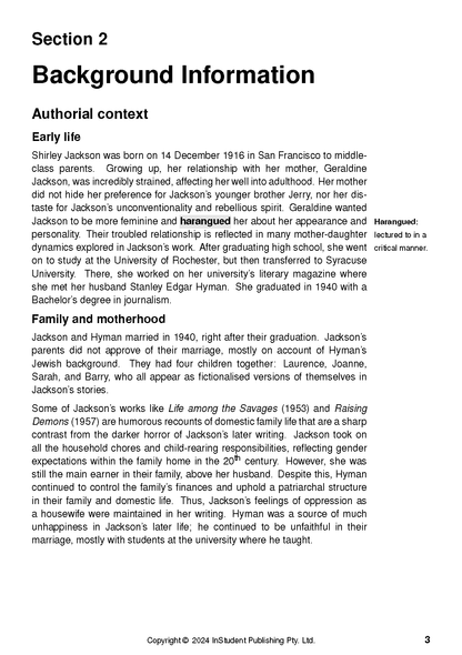 Text Guide page detailing Shirley Jackson's life with 'Background Information' title, black text, copyright, and page 3.