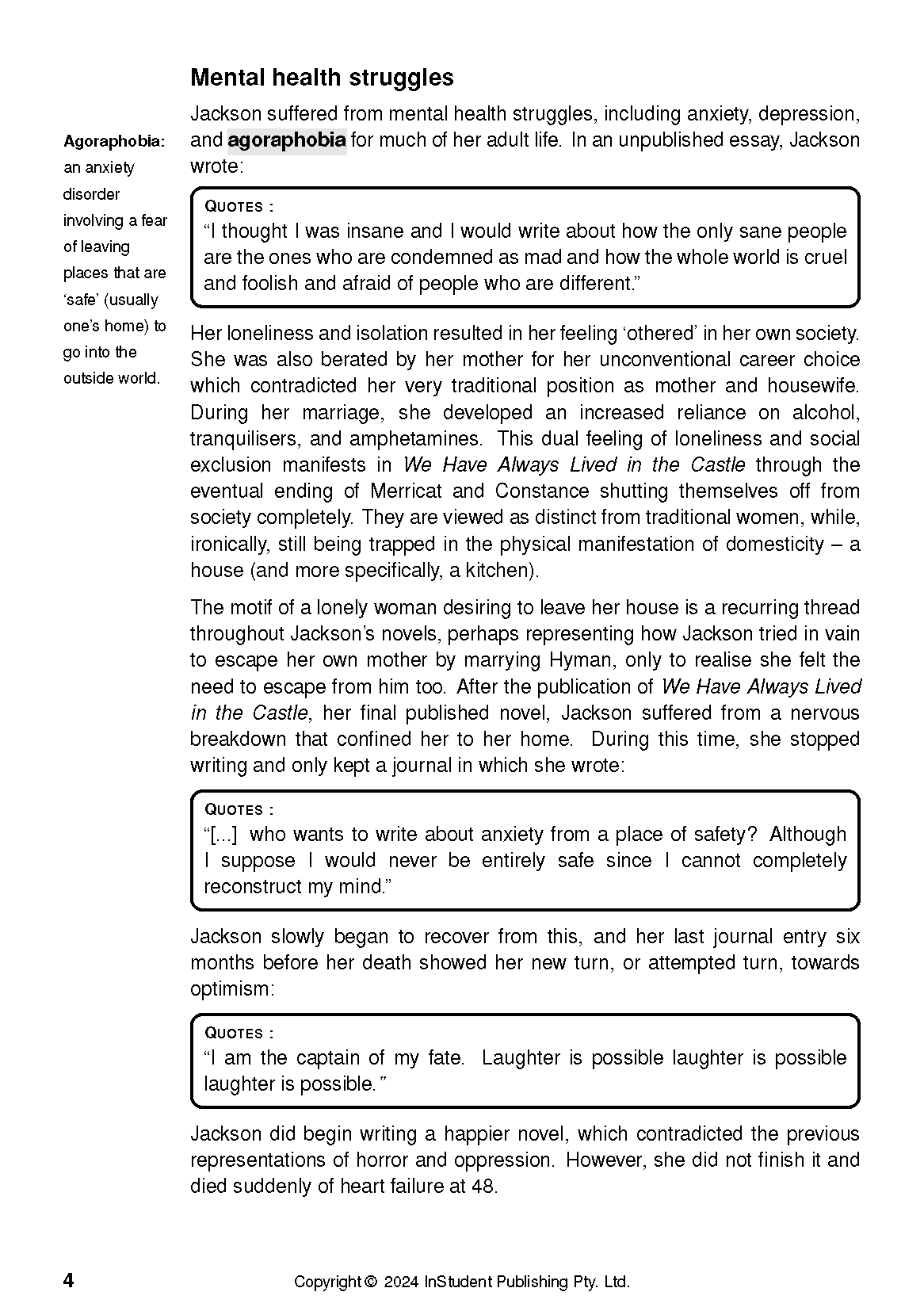 Text Guide page by InStudent Publishing Pty. Ltd. discussing mental health struggles in Shirley Jackson's We Have Always Lived in the Castle.