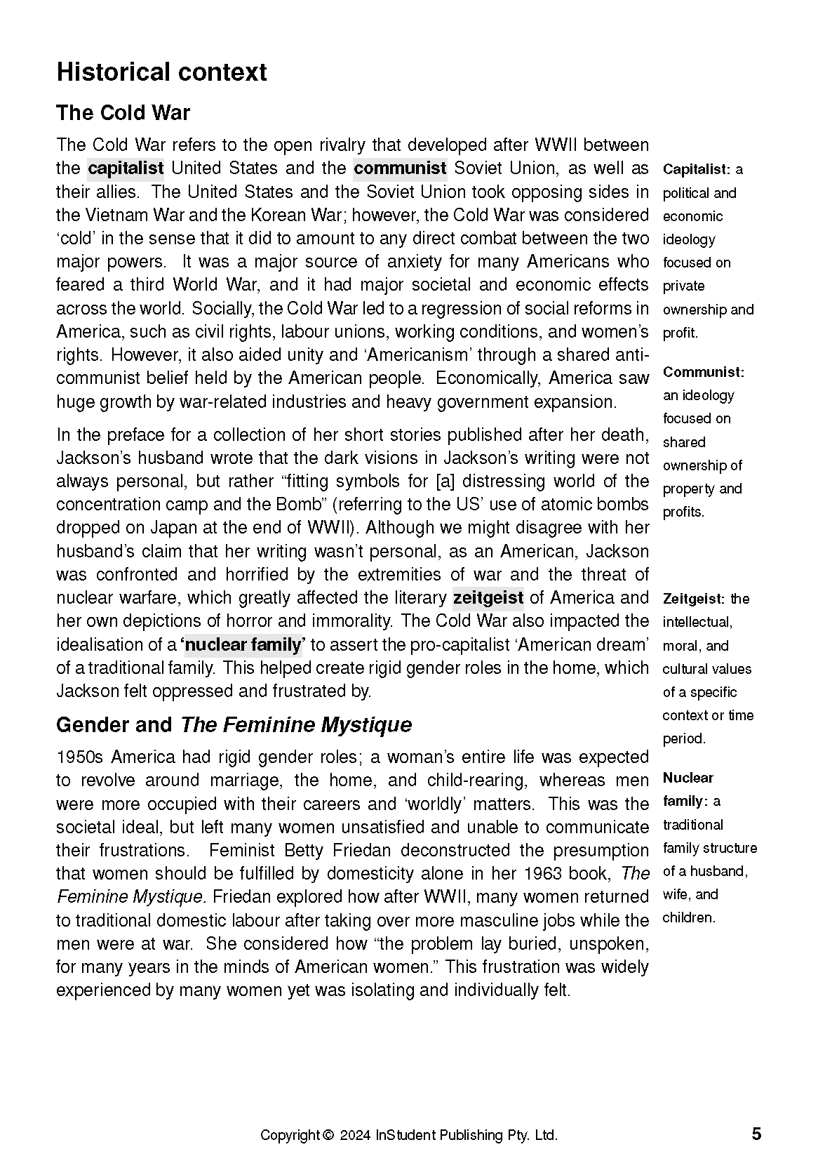 Text guide page with black text on a white background, featuring sections on historical context, the Cold War, and gender roles, with margin definitions.
