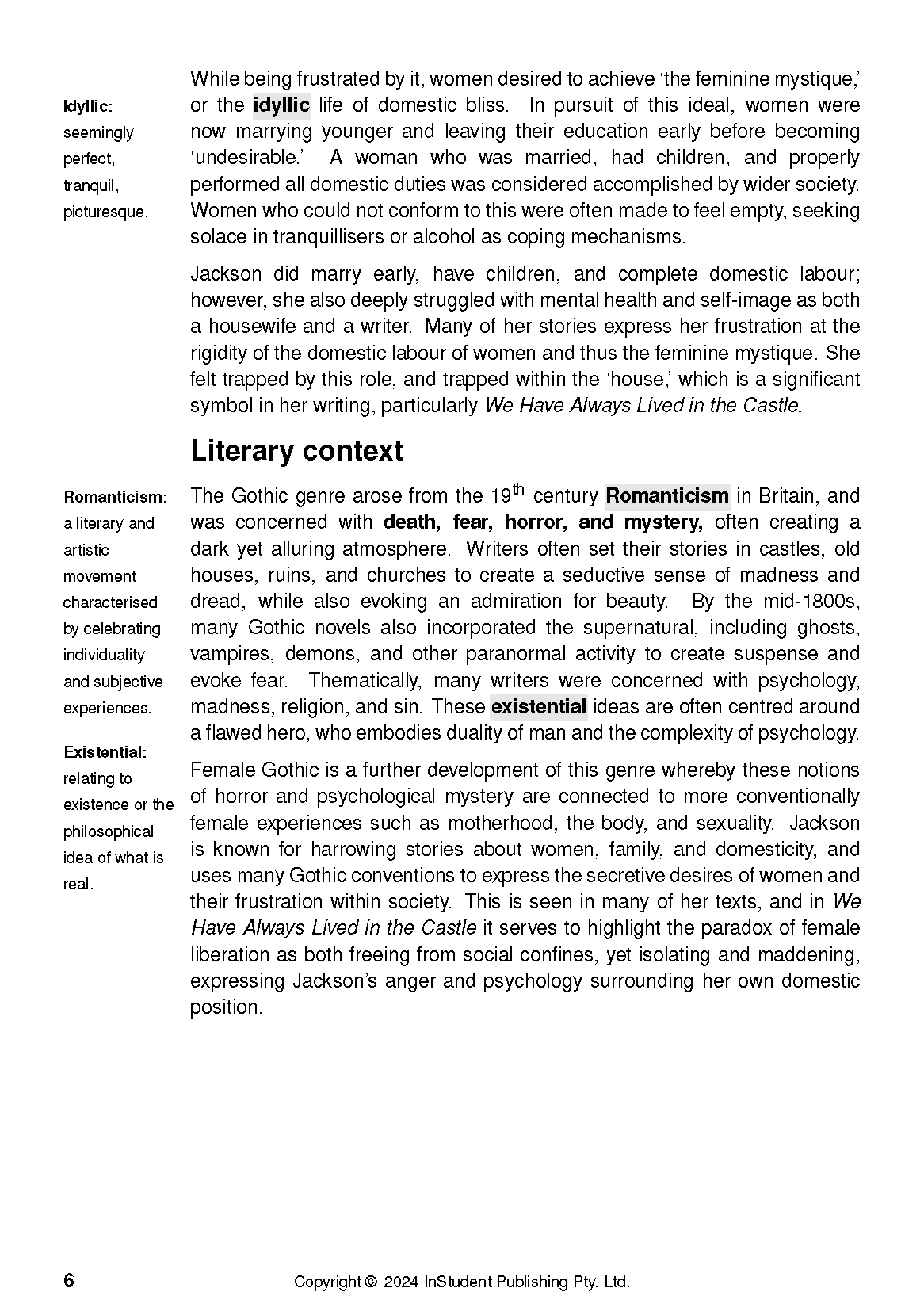 White text guide page displaying literary context for 'We Have Always Lived in the Castle' with sidebar definitions and highlighted terms.