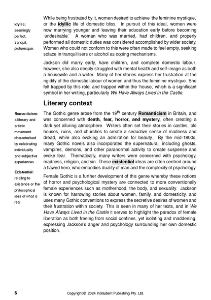 White text guide page displaying literary context for 'We Have Always Lived in the Castle' with sidebar definitions and highlighted terms.