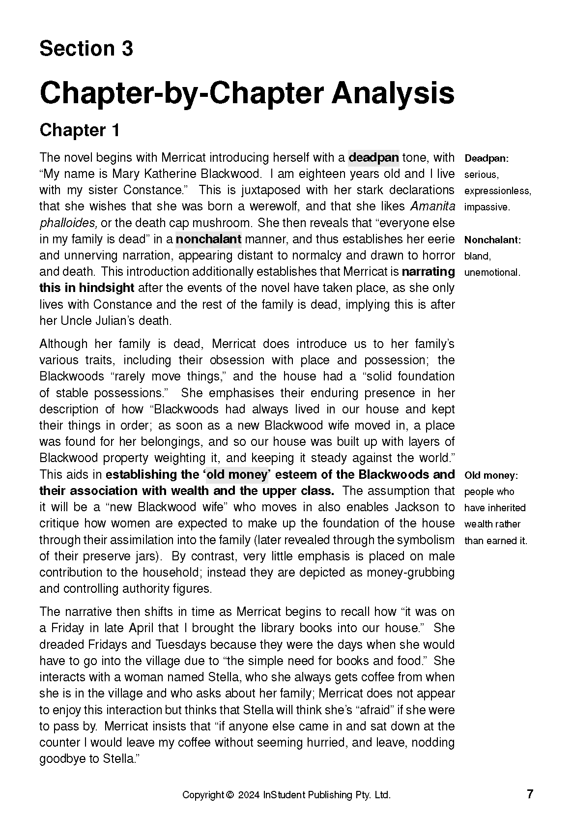 Text Guide for We Have Always Lived in the Castle, showing Chapter 1 analysis with definitions like deadpan on a white page.
