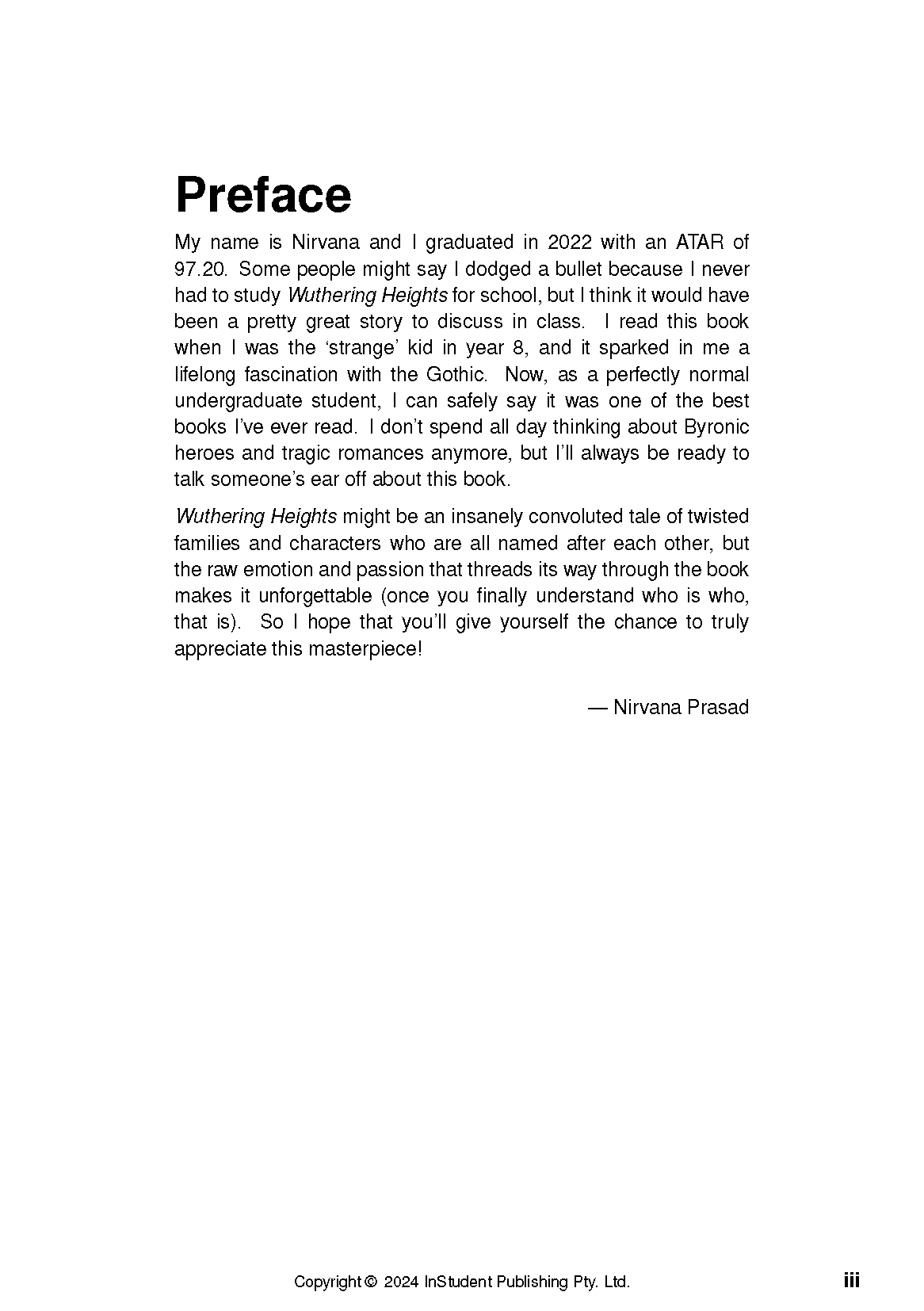 Text guide by InStudent Publishing displaying a black "Preface" title and 'Wuthering Heights' text on a white page.