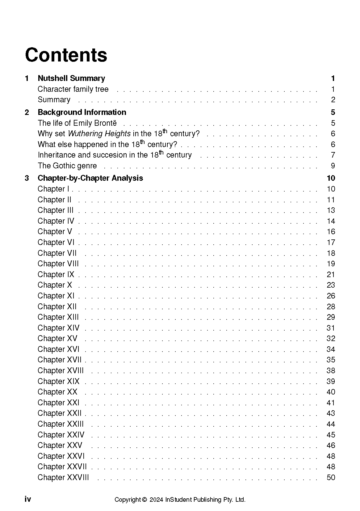 Text guide page by InStudent Publishing Pty. Ltd. displaying a table of contents with headings, chapters, and page numbers.