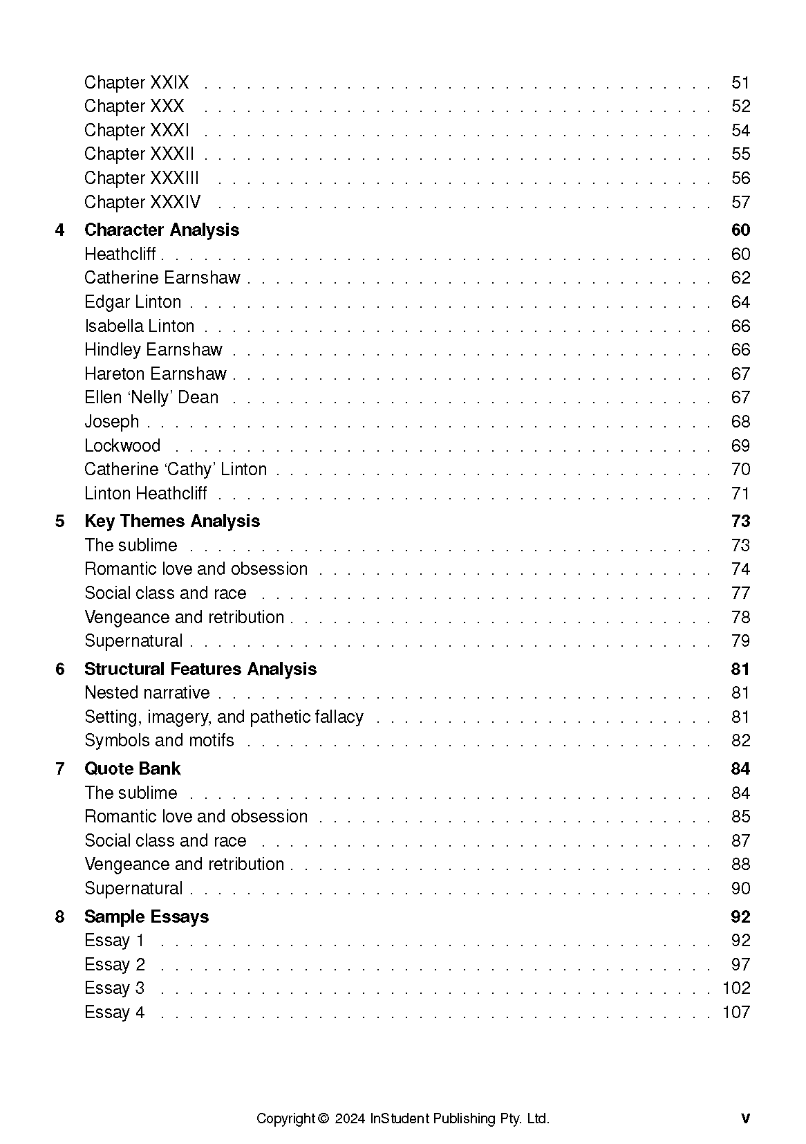 Text Guide Table of Contents for Wuthering Heights, showing character analysis, key themes, quote bank, and sample essays with page numbers.