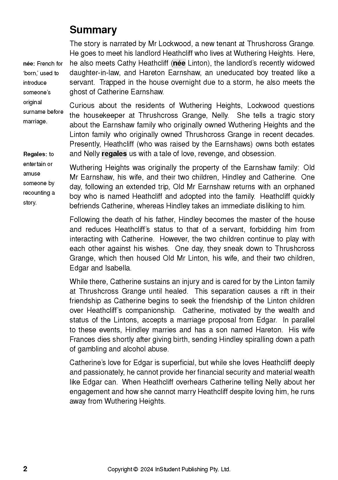 A text guide page for Wuthering Heights by Emily Bronte, displaying a summary, key definitions, and page number 2.