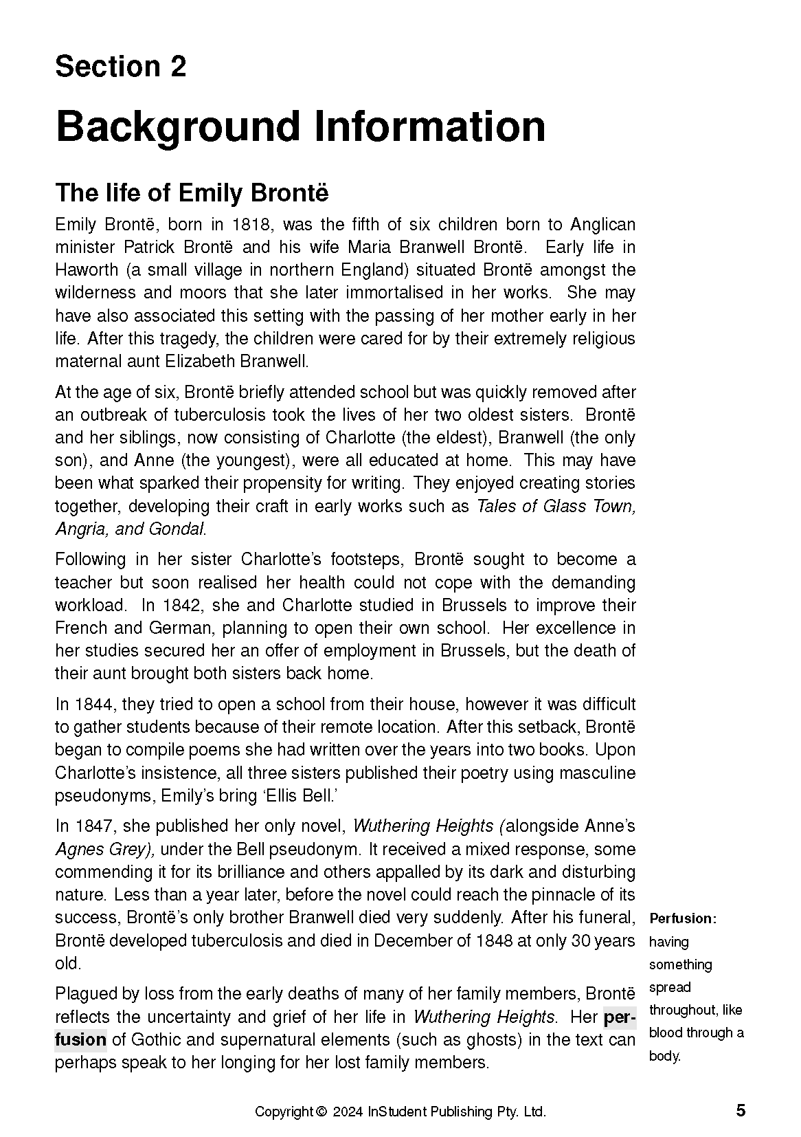 Text guide for Wuthering Heights by Emily Bronte, a page with biographical text, section headings, and a definition sidebar.