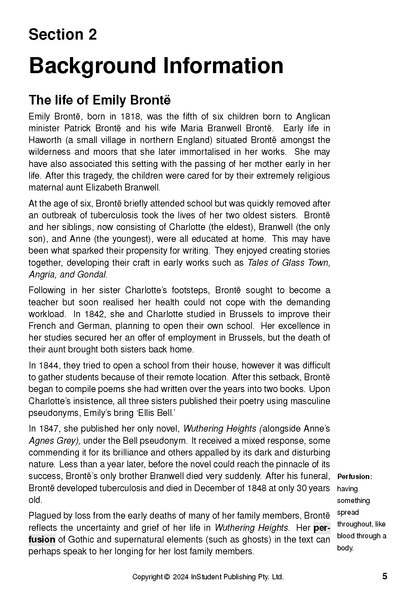 Text guide for Wuthering Heights by Emily Bronte, a page with biographical text, section headings, and a definition sidebar.