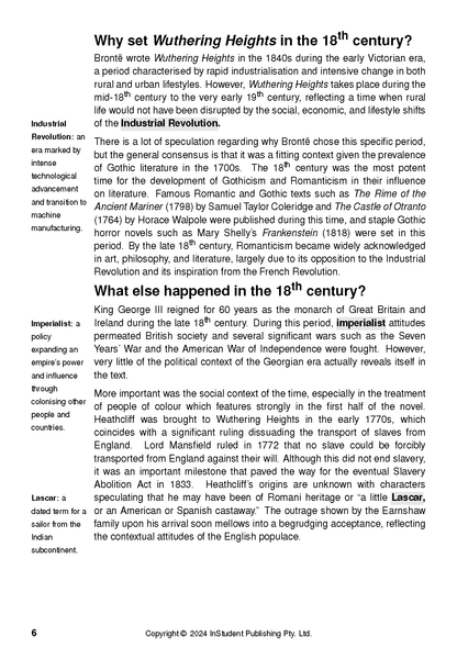 White page from a text guide discussing Wuthering Heights, with historical context and definitions in sidebars.