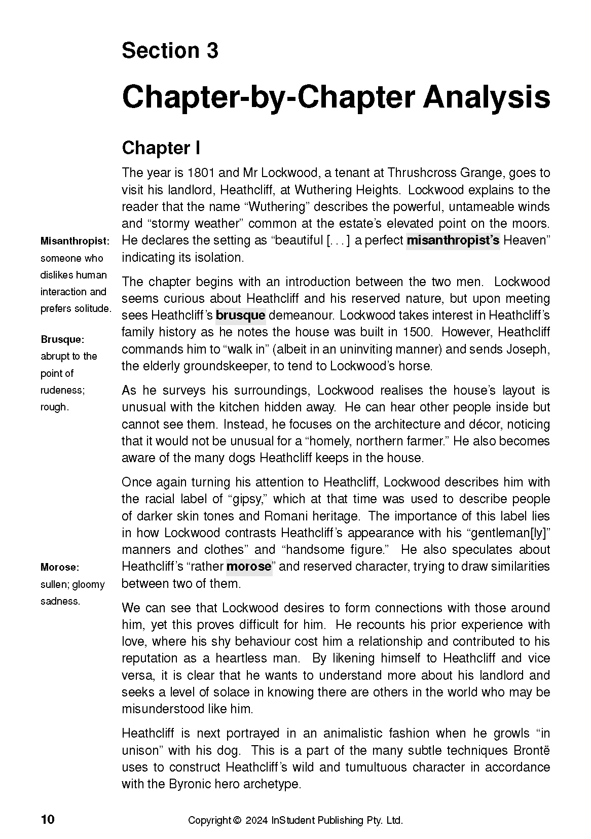 White text guide page by InStudent Publishing Pty. Ltd. showing a chapter analysis with vocabulary definitions.