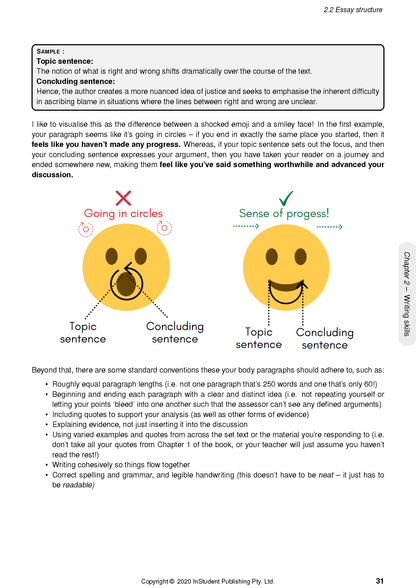 Course notes by ATAR Notes, displaying a page titled '2.2 Essay structure' with text, two emojis, and bullet points on writing conventions.