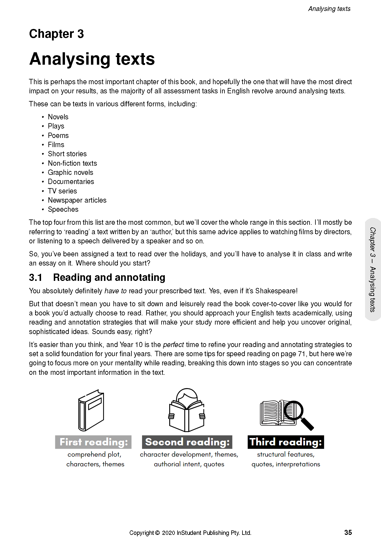 Year 10 English Course Notes by ATAR Notes, a white page detailing the 'Analysing texts' chapter with text, bullet points, and three reading strategy icons.