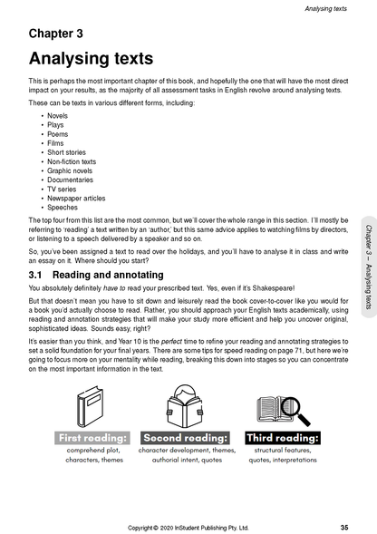 Year 10 English Course Notes by ATAR Notes, a white page detailing the 'Analysing texts' chapter with text, bullet points, and three reading strategy icons.