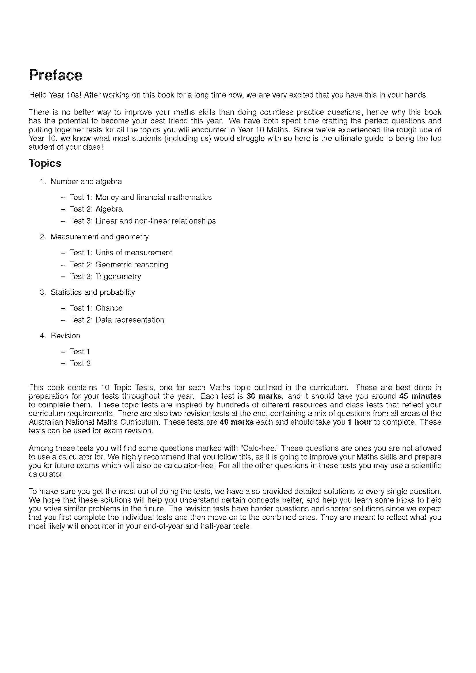 Year 10 Maths Topic Tests by ATAR Notes, displaying the Preface and Topics index page with curriculum details.