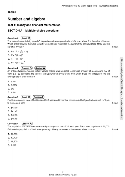 Year 10 Maths Topic Test by ATAR Notes, a white page displaying multiple-choice questions on number and algebra.