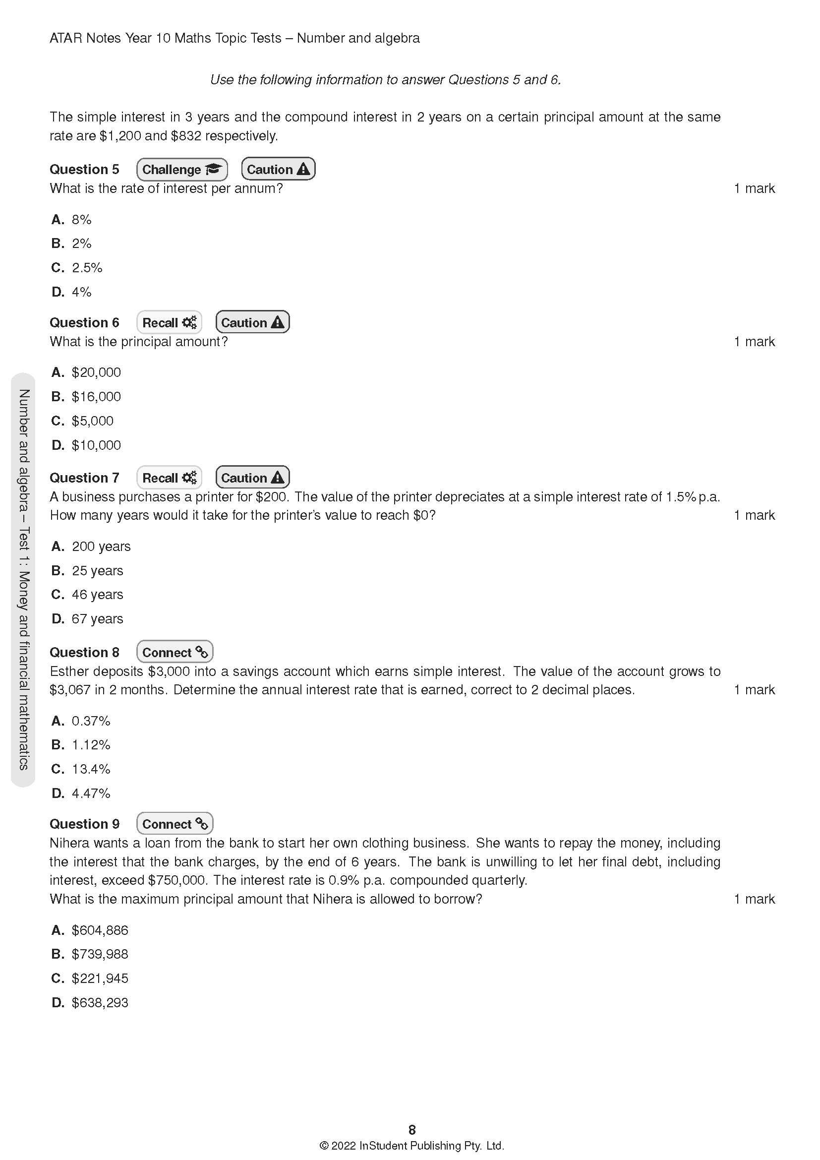 ATAR Notes Year 10 Maths Topic Tests from ATAR Notes, a white page with multiple-choice math questions and problems.