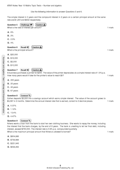 ATAR Notes Year 10 Maths Topic Tests from ATAR Notes, a white page with multiple-choice math questions and problems.