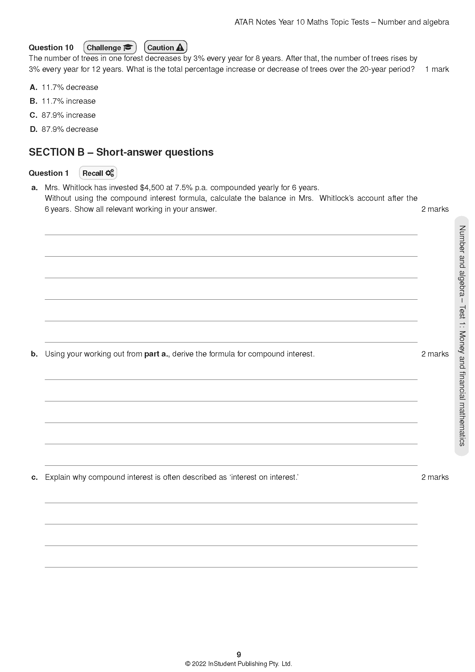 Year 10 Maths Topic Test page by ATAR Notes, white with black text, featuring multiple-choice and short-answer questions.