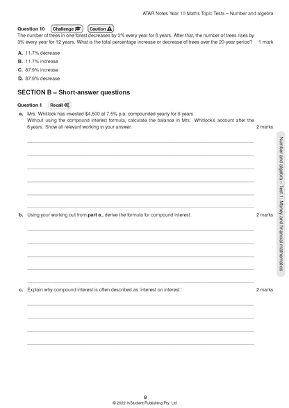 Year 10 Maths Topic Test page by ATAR Notes, white with black text, featuring multiple-choice and short-answer questions.