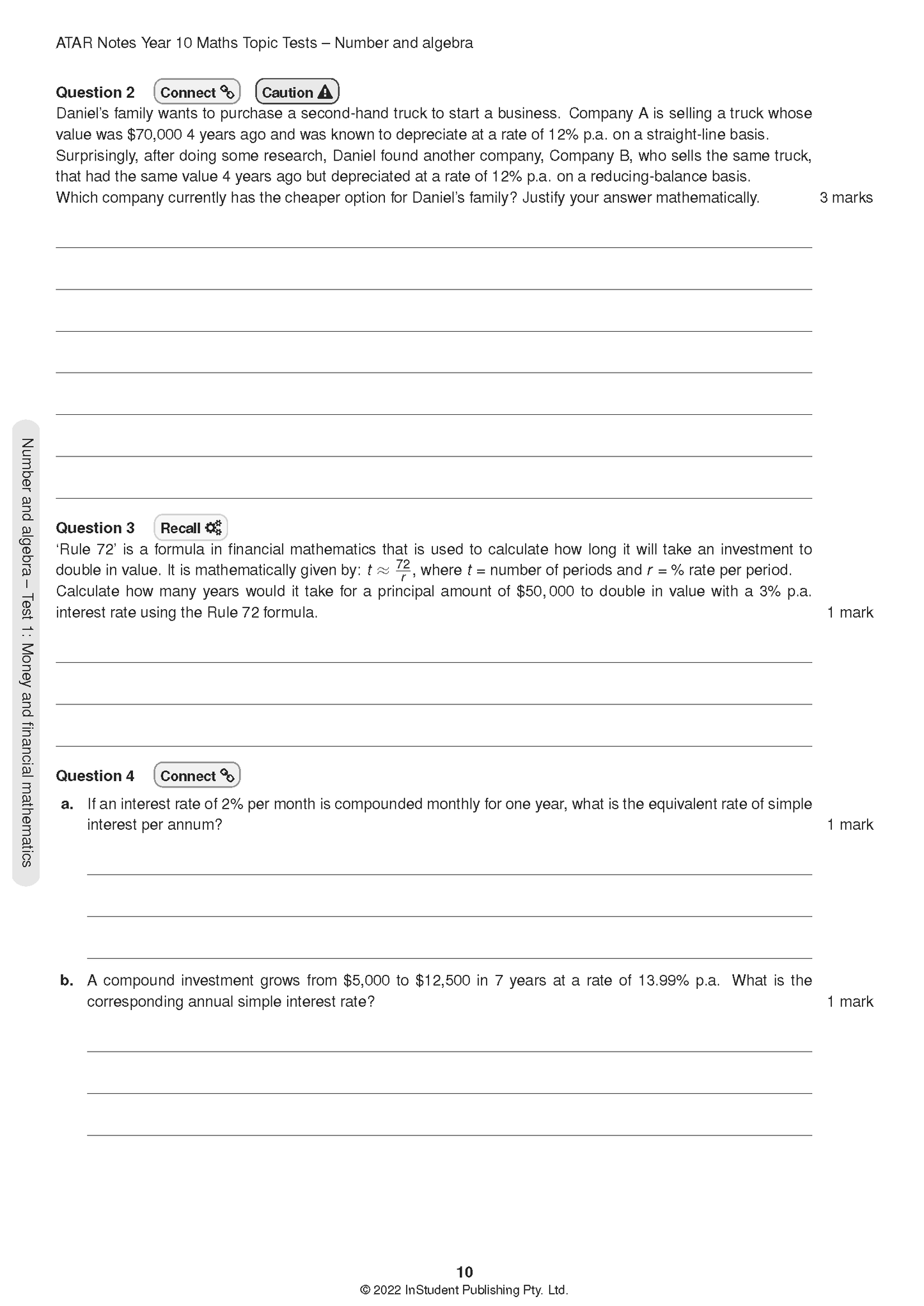 Year 10 Maths Topic Tests for 2024-2026 syllabus by ATAR Notes, with financial mathematics questions visible on a printed white page.