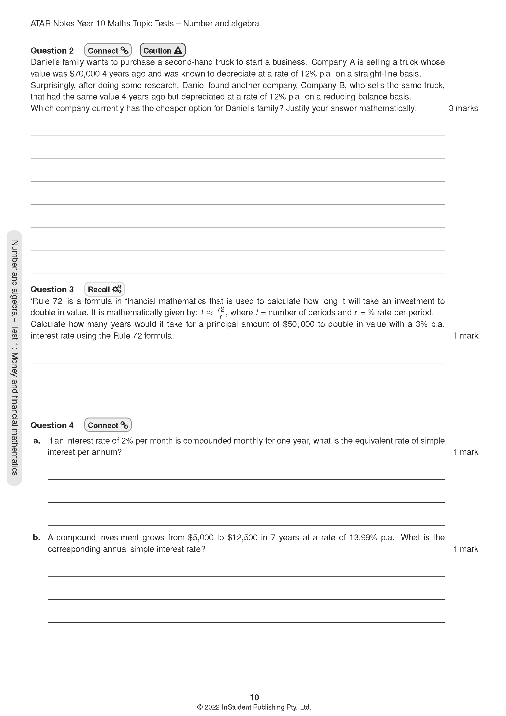 Year 10 Maths Topic Tests for 2024-2026 syllabus by ATAR Notes, with financial mathematics questions visible on a printed white page.