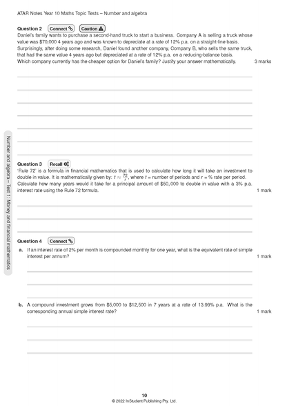 Year 10 Maths Topic Tests for 2024-2026 syllabus by ATAR Notes, with financial mathematics questions visible on a printed white page.