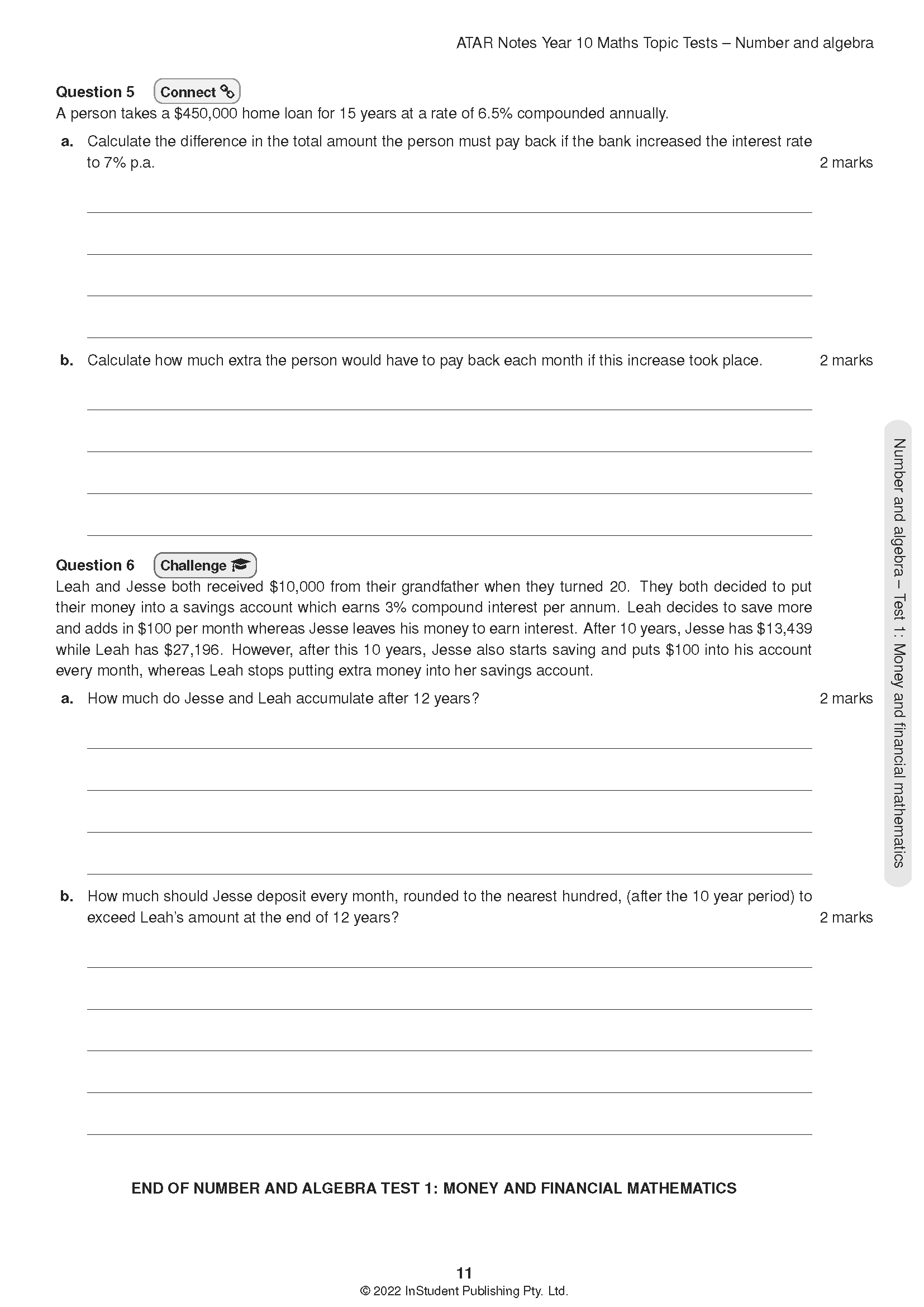 Year 10 Maths Topic Tests from ATAR Notes, showing a page with two financial mathematics problems and answer lines.