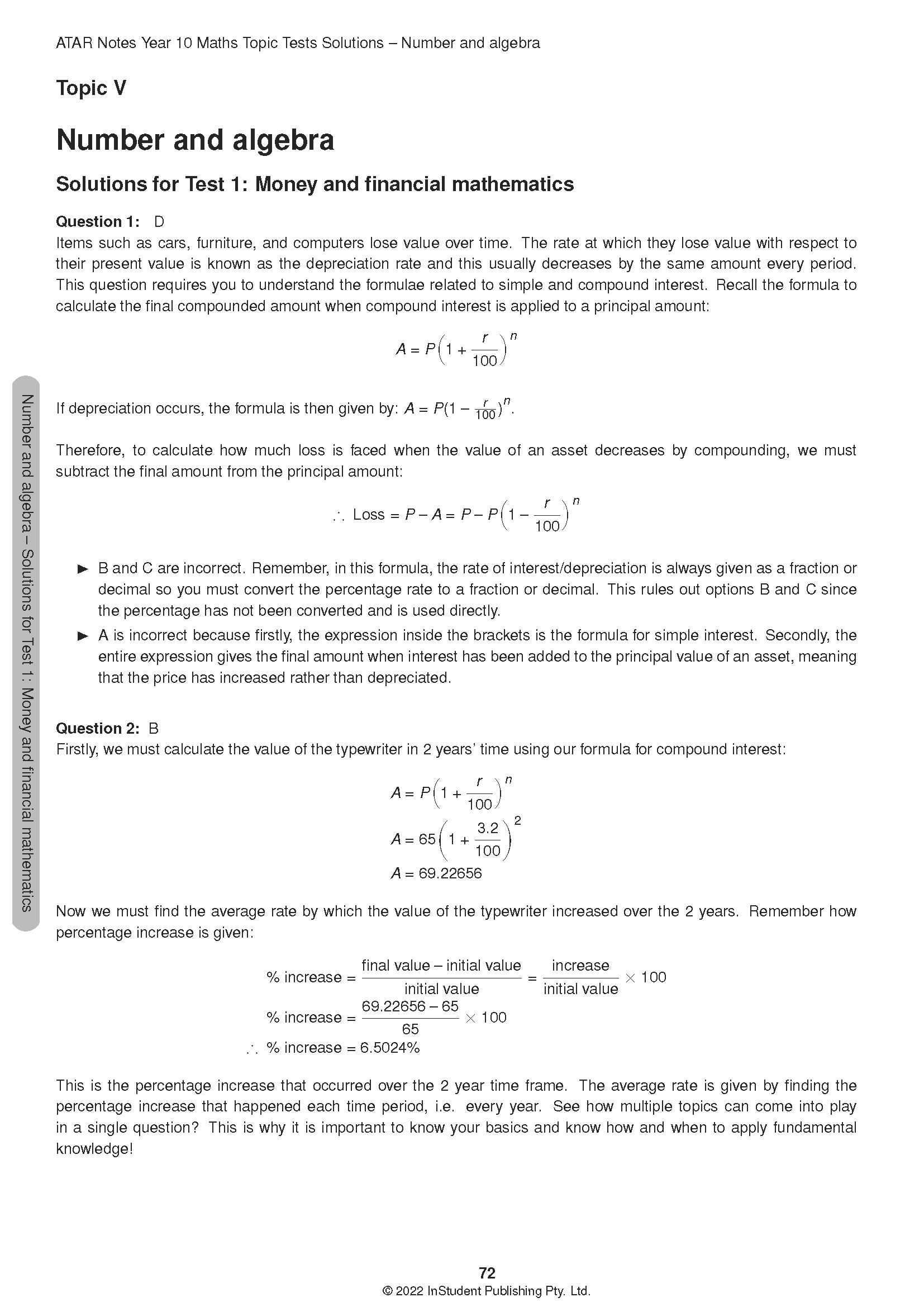 Year 10 Maths Topic Test solutions by ATAR Notes, featuring formulas and calculations for money and financial mathematics.