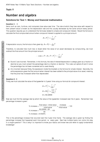 Year 10 Maths Topic Test solutions by ATAR Notes, featuring formulas and calculations for money and financial mathematics.