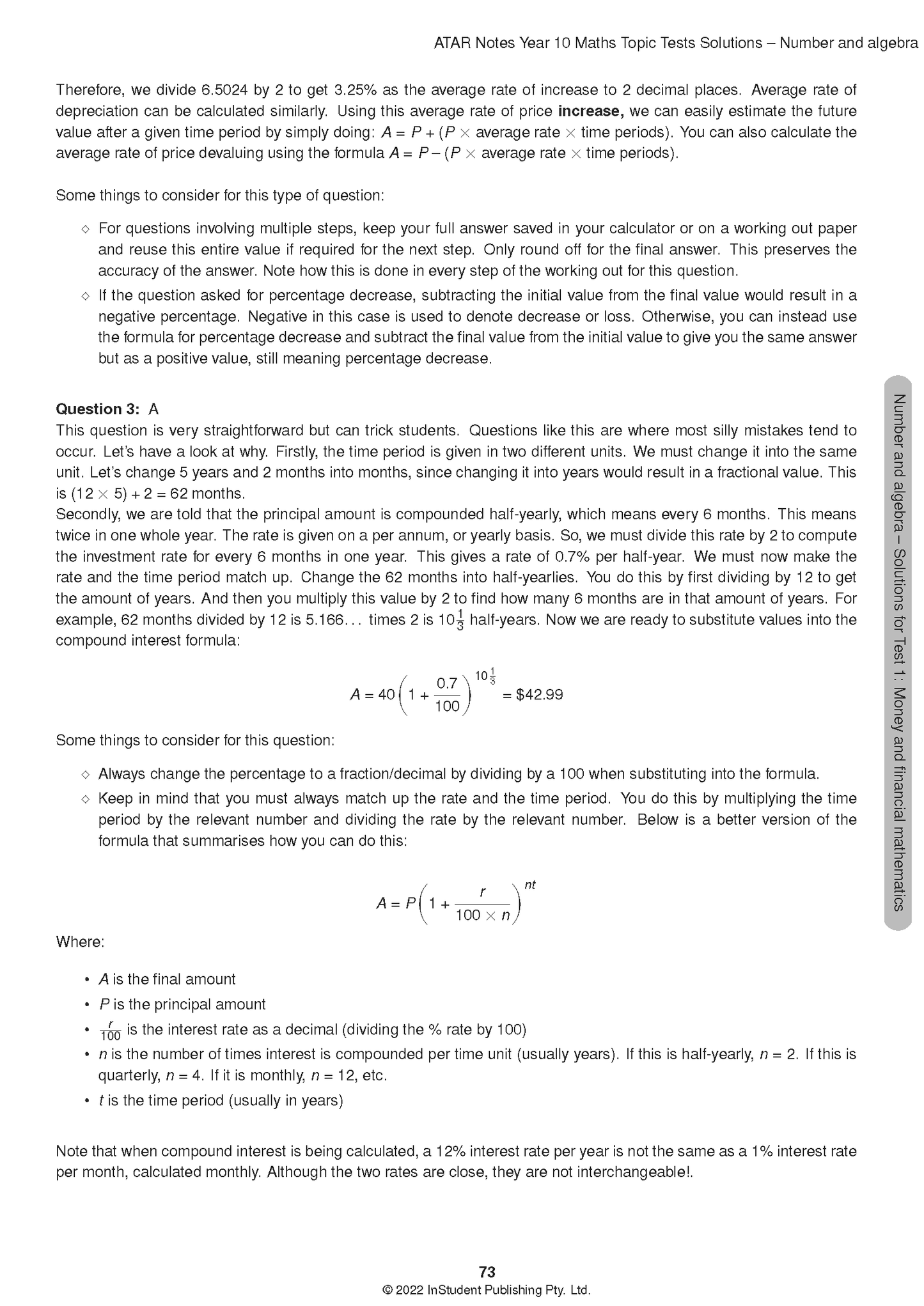 Year 10 Maths Topic Tests by ATAR Notes, showing a page with financial mathematics formulas.