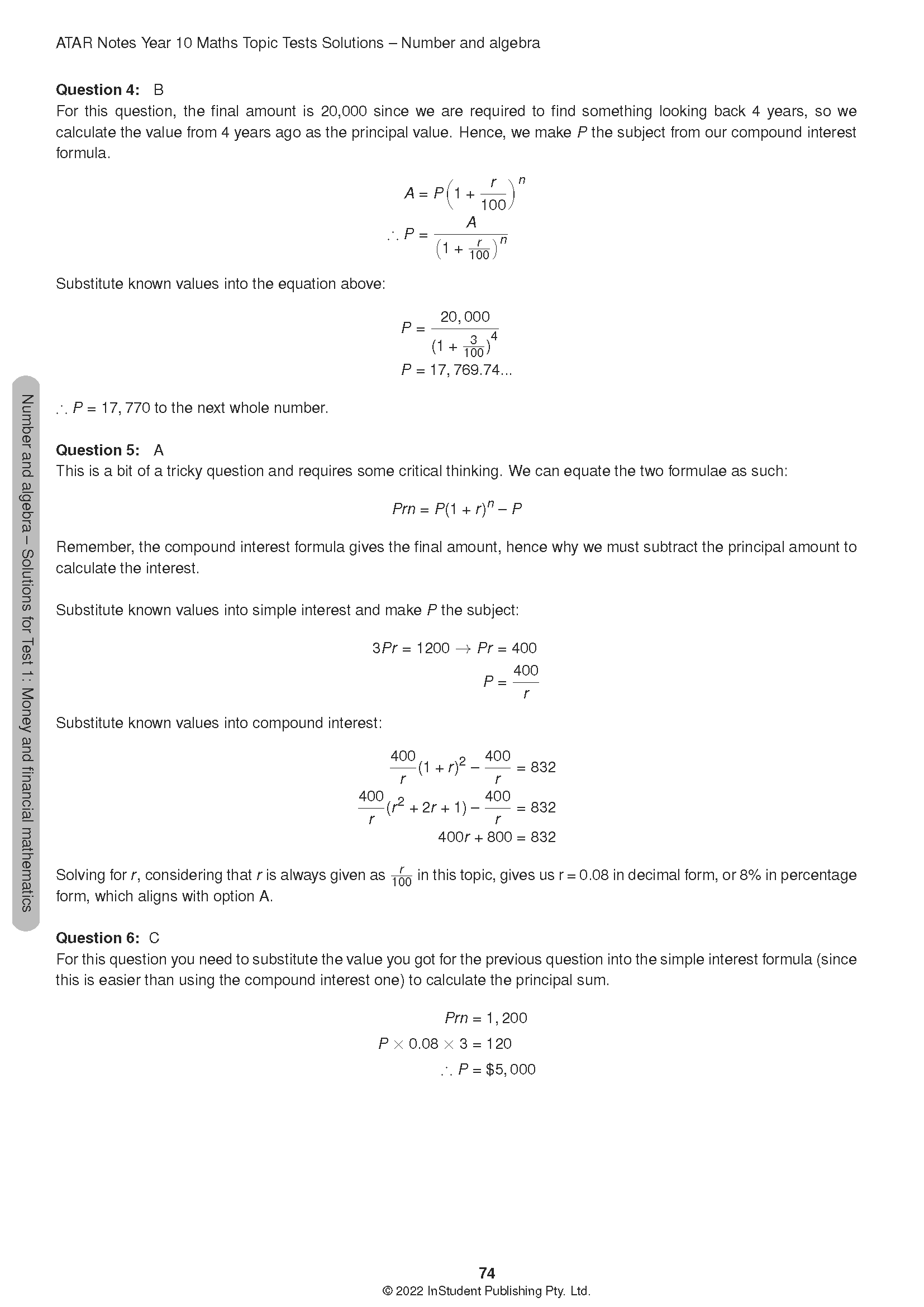 Maths Topic Tests solutions by ATAR Notes, showing calculation steps for compound and simple interest problems on a white page.