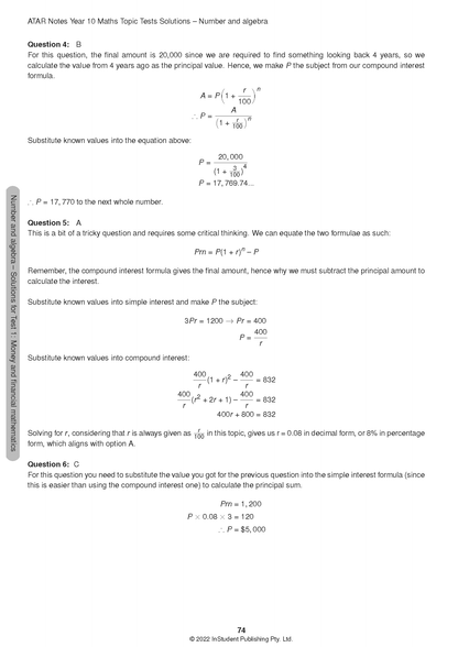 Maths Topic Tests solutions by ATAR Notes, showing calculation steps for compound and simple interest problems on a white page.