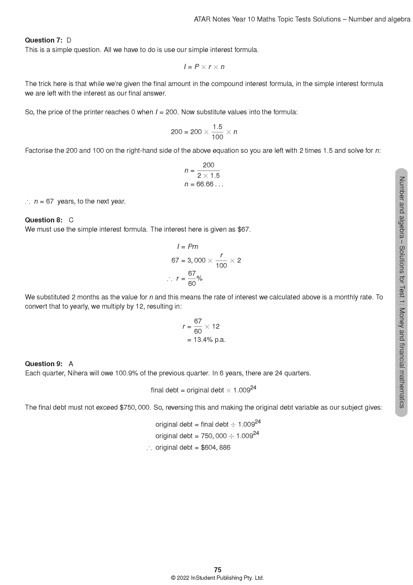 Math Topic Tests by ATAR Notes, a white page detailing financial mathematics solutions.