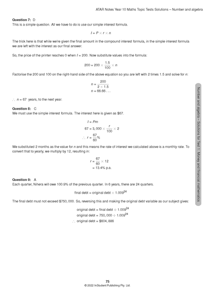 Math Topic Tests by ATAR Notes, a white page detailing financial mathematics solutions.