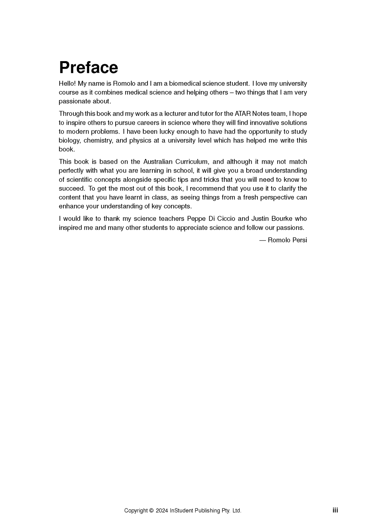 Year 10 Science Course Notes by ATAR Notes, showing the 'Preface' section with introductory text.
