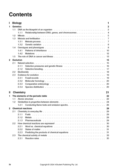 Science Course Notes by ATAR Notes, a white page displaying a detailed table of contents for biology and chemistry sections.