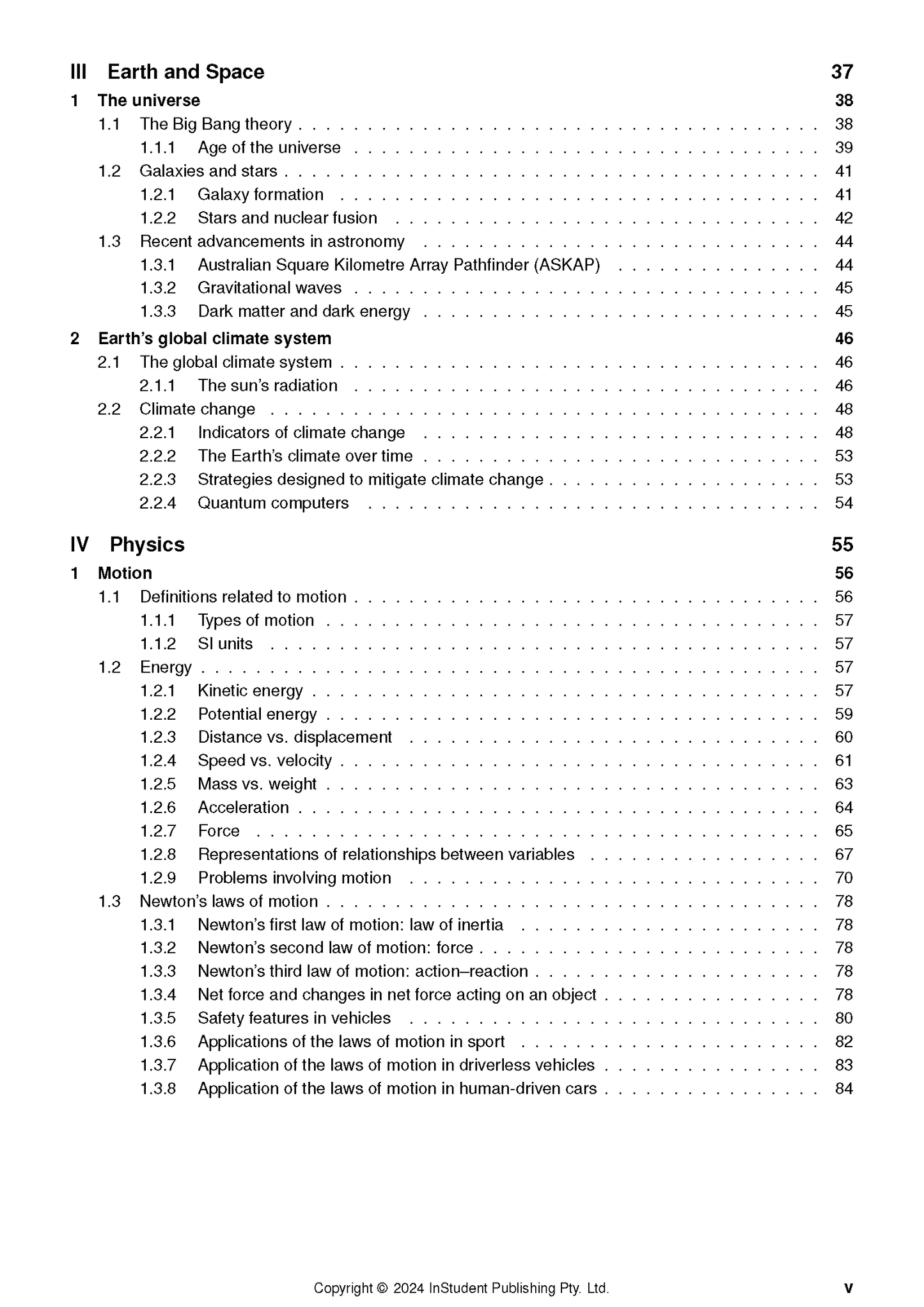Year 10 Science course notes by ATAR Notes, displaying a table of contents page with Earth and Space and Physics sections.