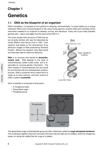 Science course notes by ATAR Notes, a white page detailing DNA structure with double helix and nucleotide diagrams.