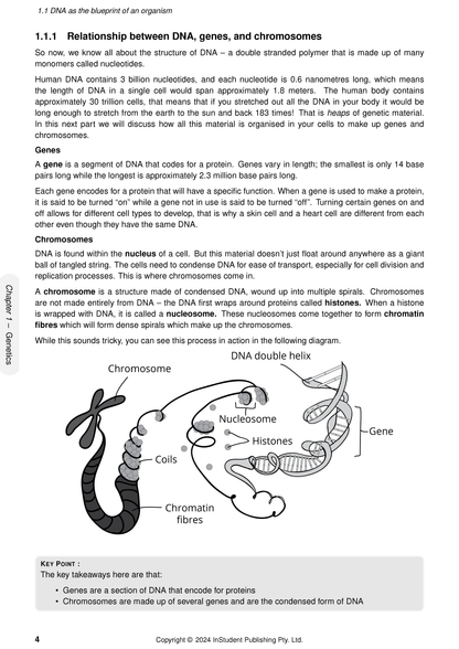 Science Course Notes by ATAR Notes displaying a page on DNA, genes, and chromosomes with an illustrative diagram.