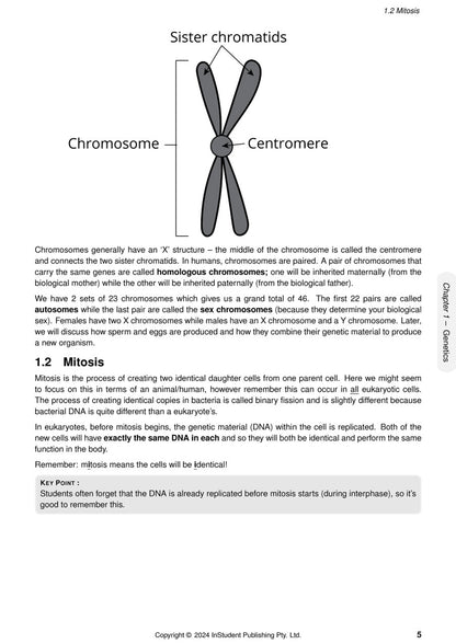 Year 10 Science Course Notes by ATAR Notes, a white page displaying a chromosome diagram and text on genetics and mitosis.