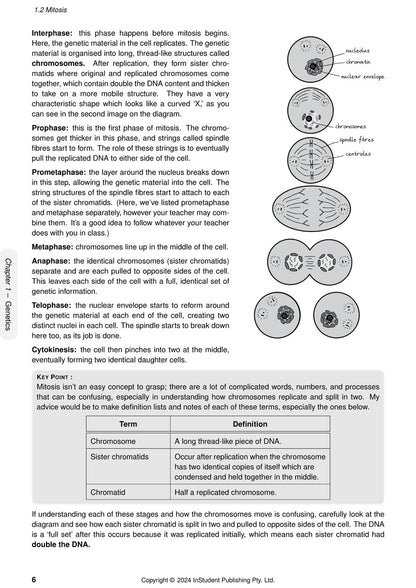 Science course notes page by ATAR Notes, displaying text on mitosis phases and corresponding cell division diagrams.