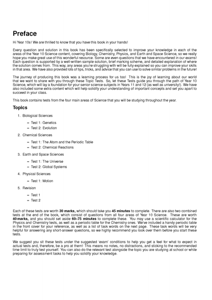 Year 10 Science Topic Tests by ATAR Notes, showing the preface and topics list with printed text on a white page.