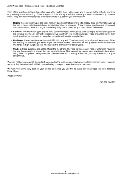 Year 10 Science Topic Tests by ATAR Notes, a page detailing question types in black text on white.
