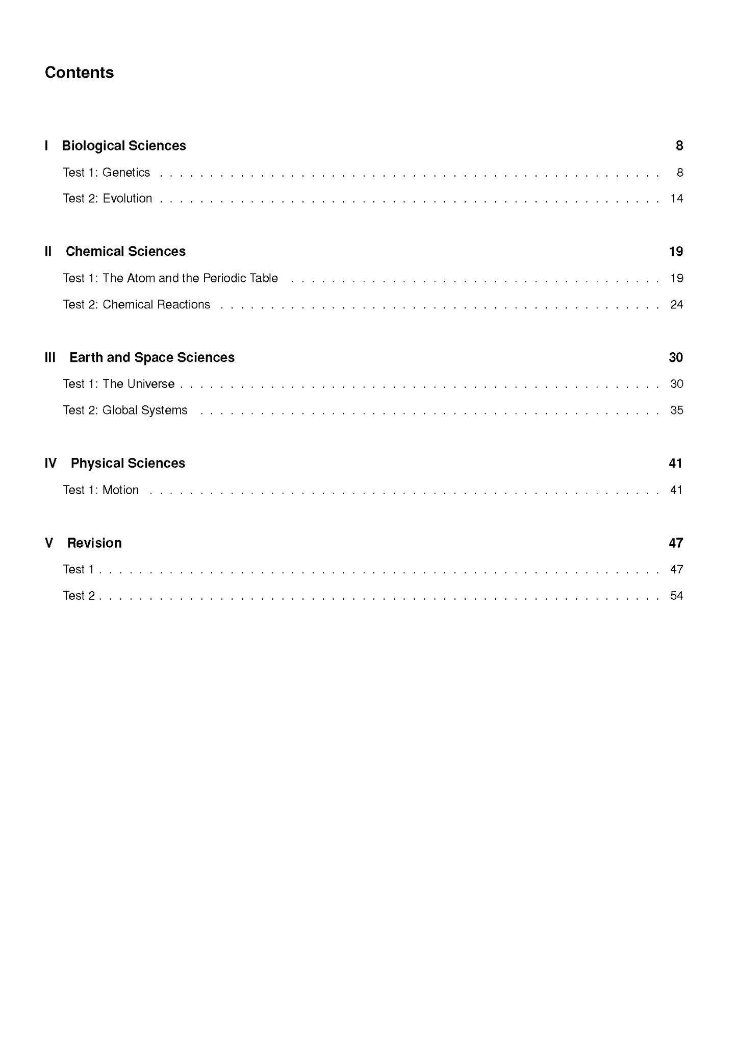 White contents page from Year 10 Science Topic Tests by ATAR Notes, showing topic names and page numbers.