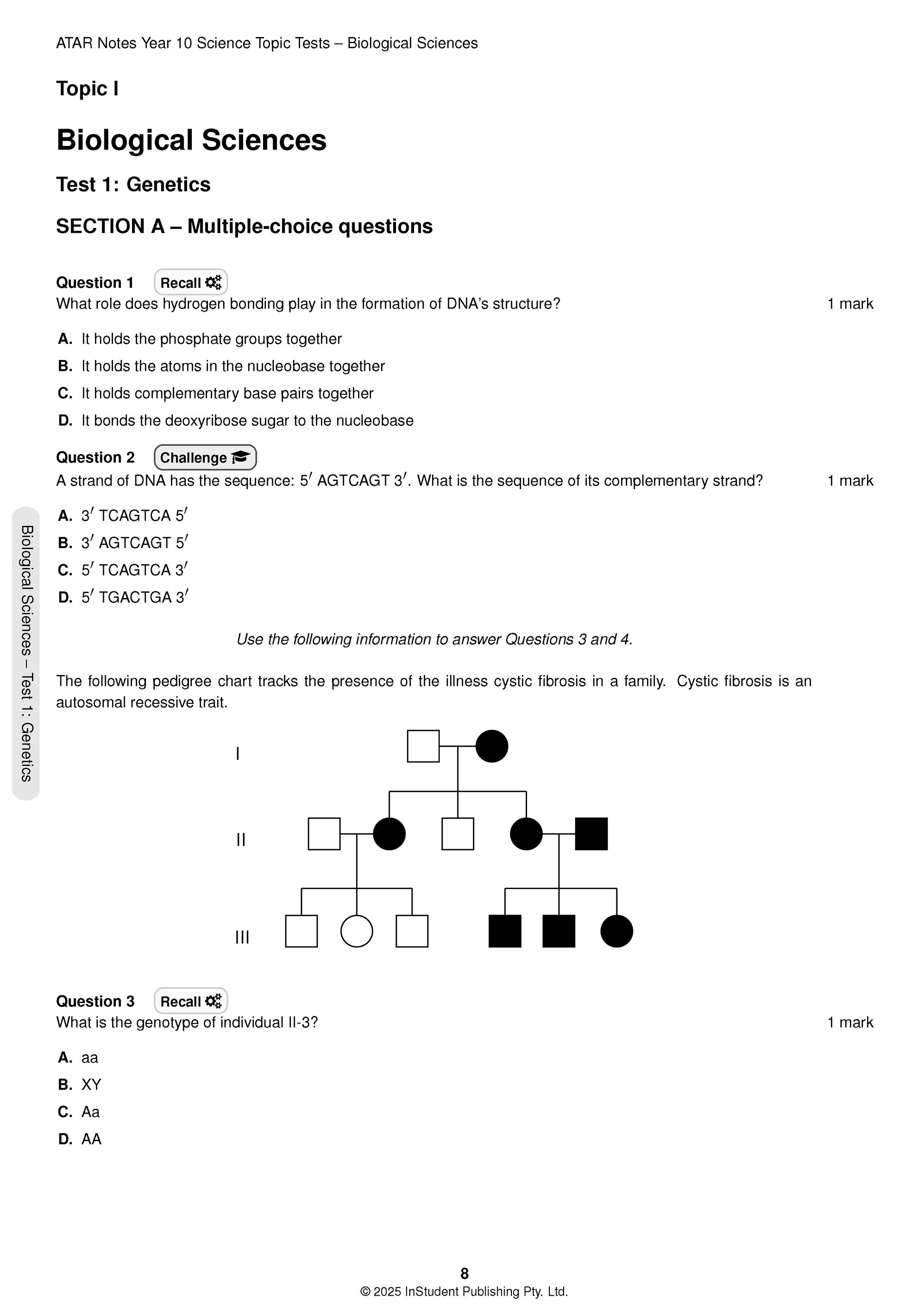 Year 10 Science Topic Tests by ATAR Notes, showing a test page with genetics multiple-choice questions and a pedigree chart.