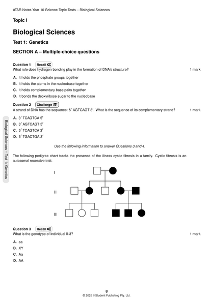 Year 10 Science Topic Tests by ATAR Notes, showing a test page with genetics multiple-choice questions and a pedigree chart.