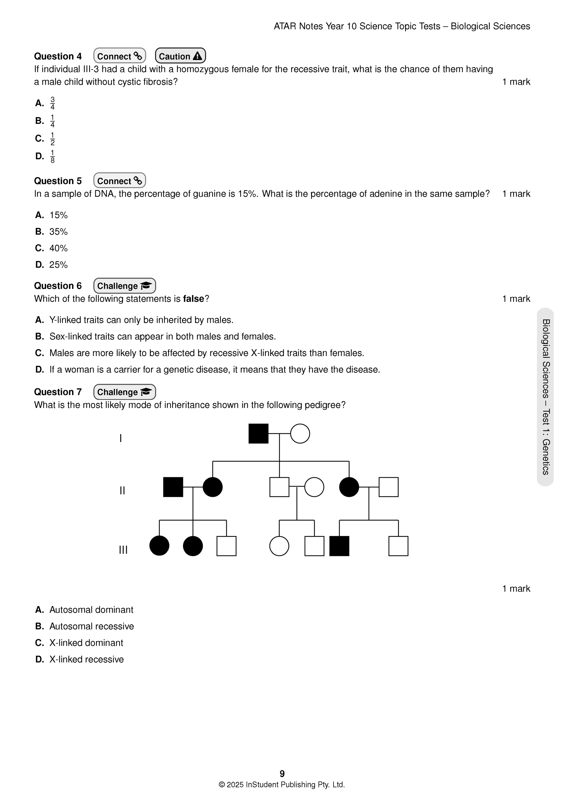 Year 10 Science Topic Tests in Biological Sciences by ATAR Notes, showing a white page with genetics questions and a pedigree chart.