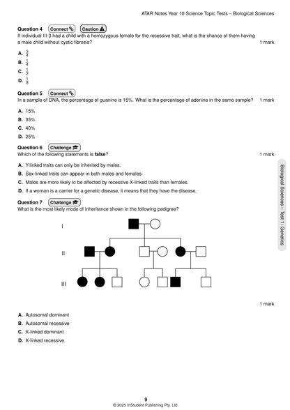 Year 10 Science Topic Tests in Biological Sciences by ATAR Notes, showing a white page with genetics questions and a pedigree chart.