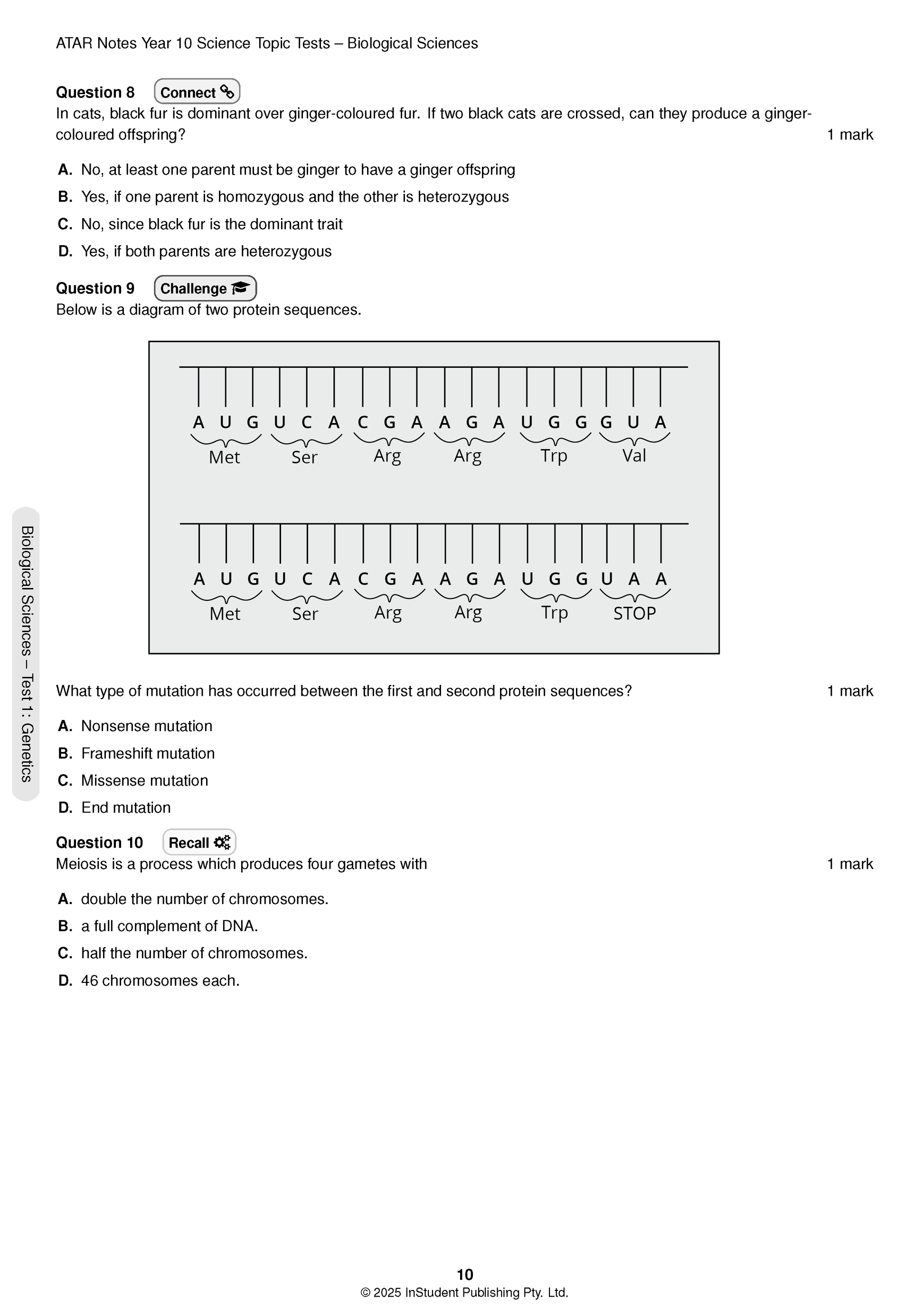 White page from a Science Topic Test by ATAR Notes, displaying multiple-choice questions on genetics with a protein sequence diagram.