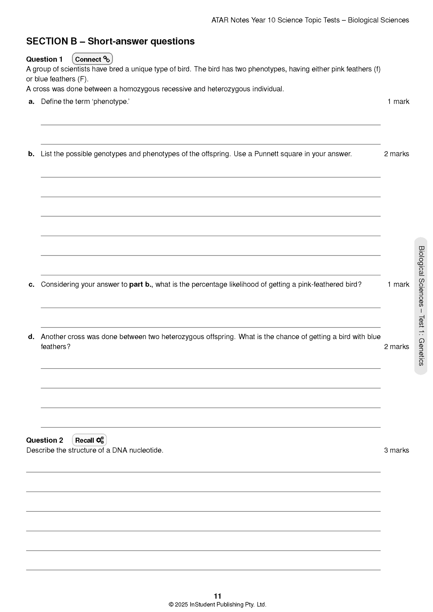 Science topic test page by ATAR Notes displaying short-answer questions on genetics and DNA, page 11.